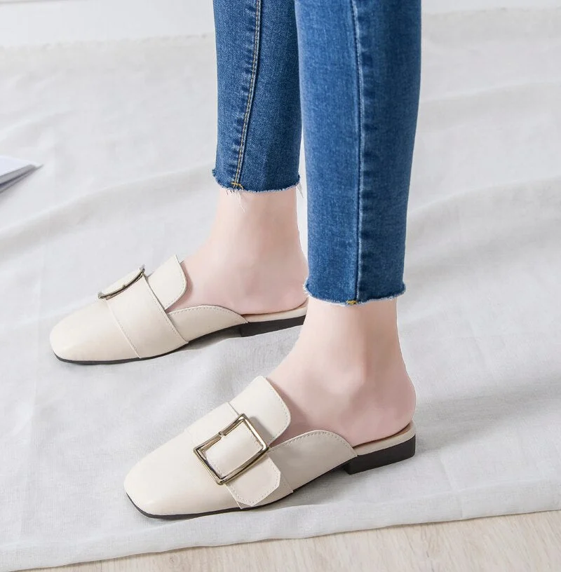 2021 Brand Designer Women Slippers Slip On Mules Flat Heel Casual Shoes British Buckle Slides Wooden Block Heels Summer Footwear