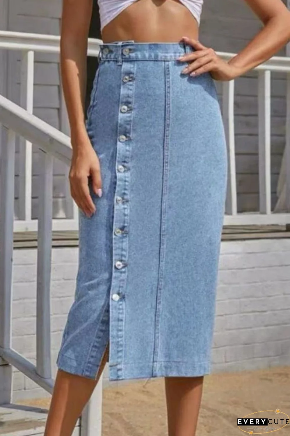 Buttoned Split Denim Skirt