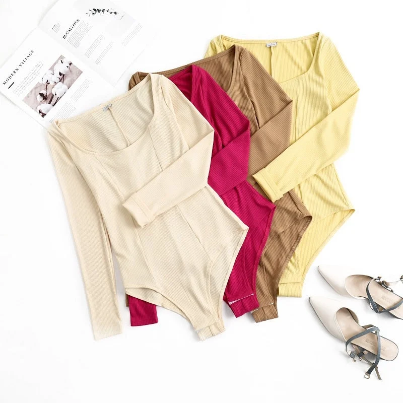 Toppies Sexy Slim Knitted Bodysuits Woman Long Sleeve Tops Deep U Collar Overalls Mesh Bodysuit