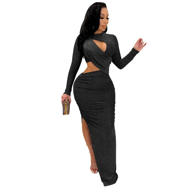 Elegant Glitter Solid Ruffle Sexy Cutout O Neck Long Sleeve High Slit Maxi Dress