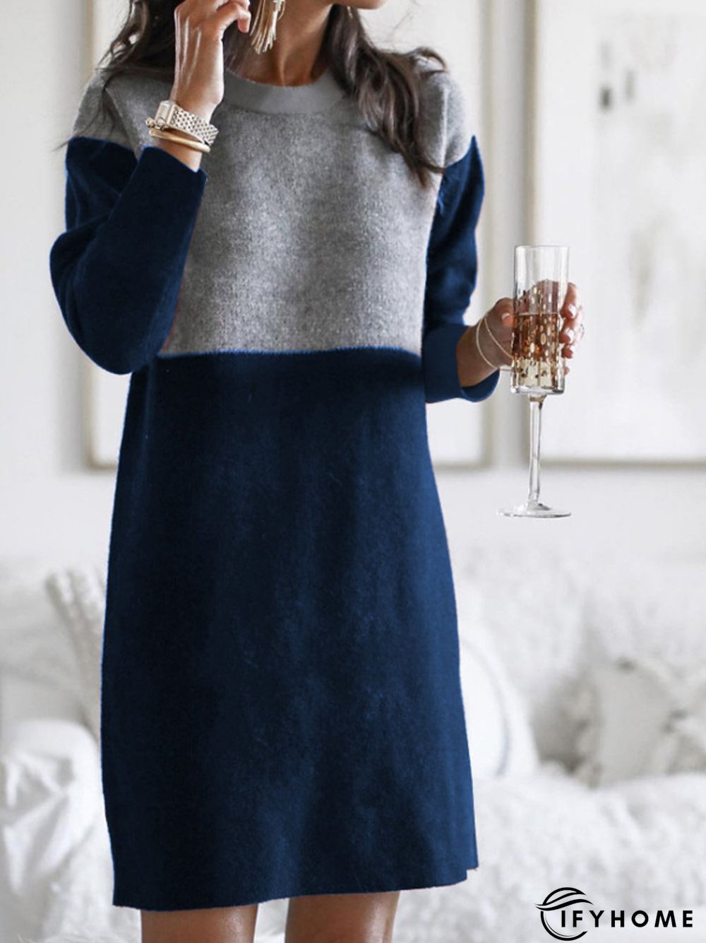 Plain Cotton-Blend Knitting Dress | IFYHOME