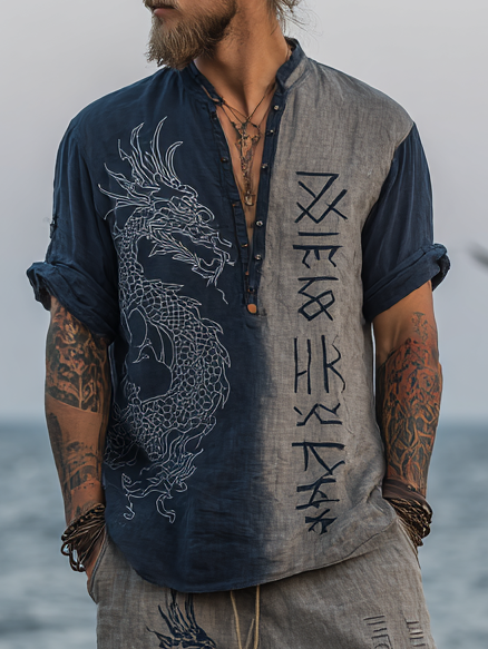 Men's Vintage Viking Distressed Retro Dragon Rune Design Linen Shirt / Rvogue / Rvogue