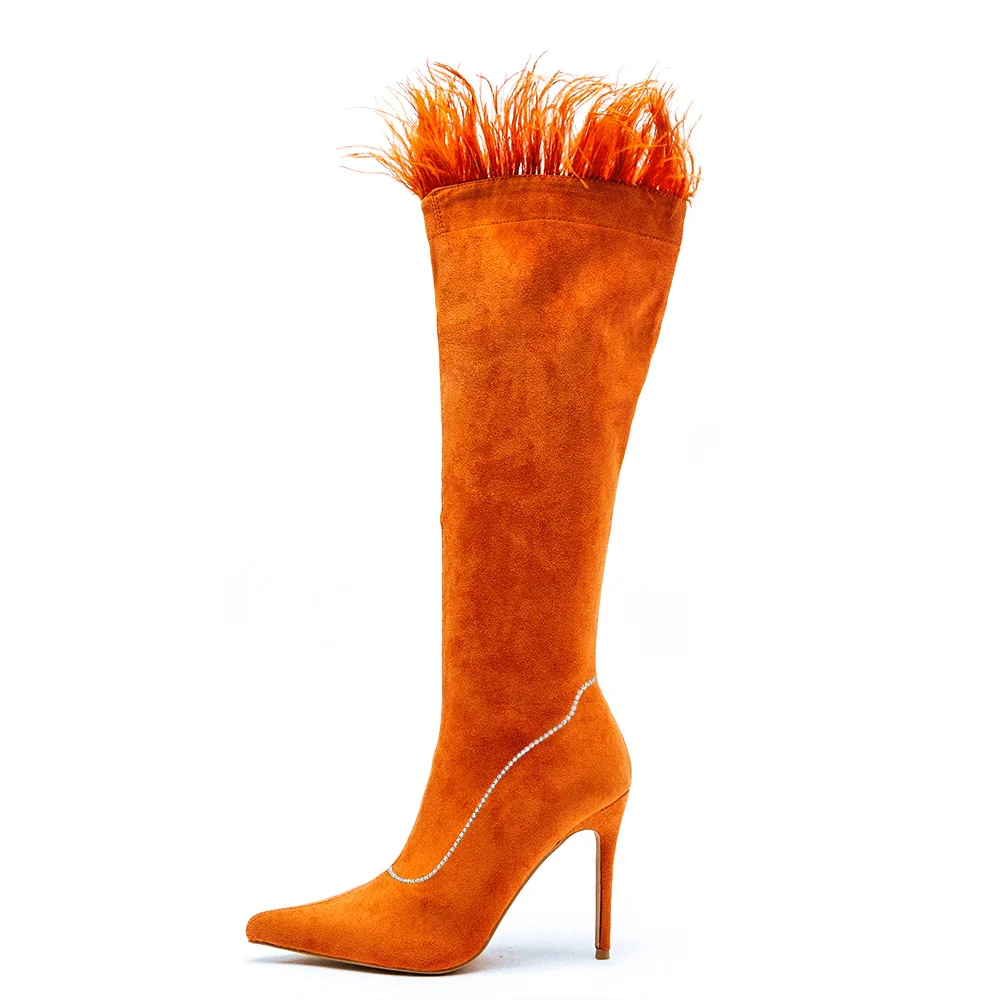 Orange Suede Knee Boots Fur Zipper Stiletto Heel Boots Nicepairs