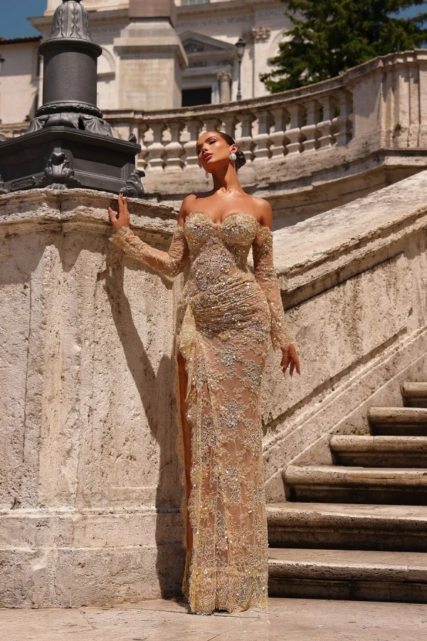 Lisliy Champagne Lace Strapless Split Prom Dress With Long Sleeves 