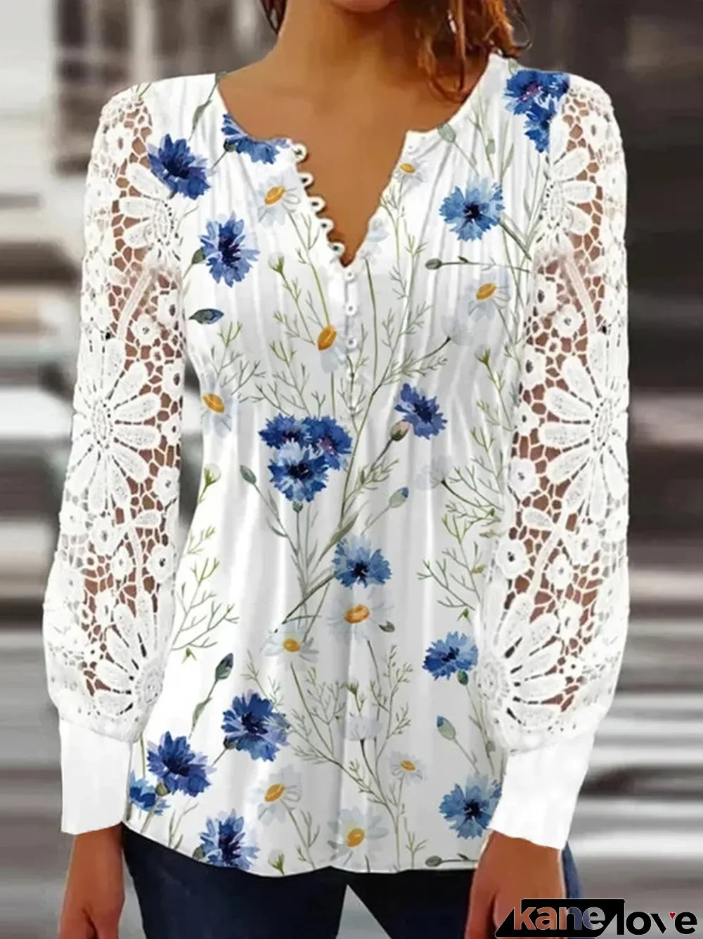 Women Long Sleeve V-neck Floral Printed Lace Top