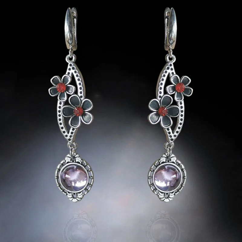 Vintage Bohemian Flower Metal Purple Pink Stone Earrings Antique Silver Color Floral Pendant Earrings Bride Jewelry Ethnic Style