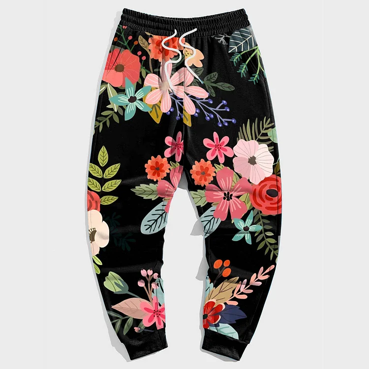 Black Plus Size Casual Colorful Floral Trousers