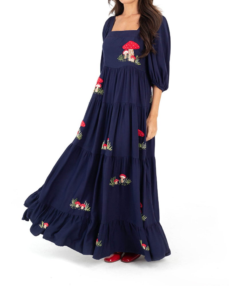 Floral Embroidery Puff Sleeve Square Neck Tiered Maxi Dress