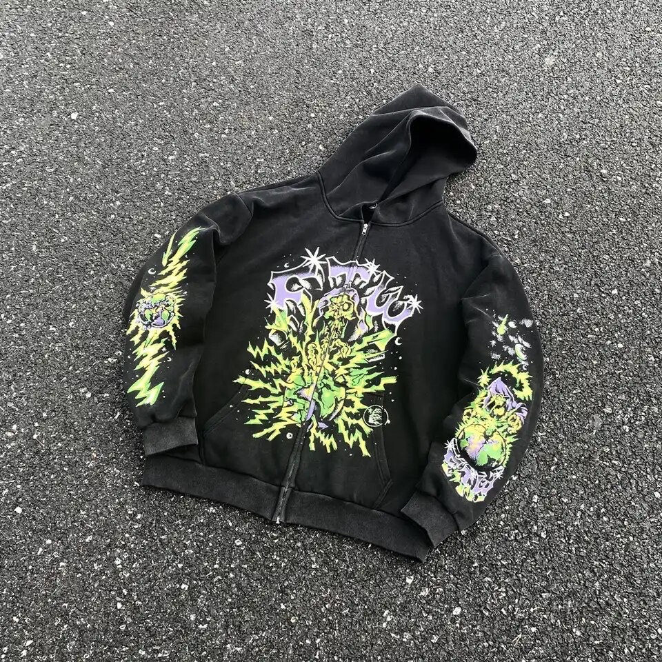 Relaxed Vintage Hellstar Print Fleece-lined Zip-Up Hoodie