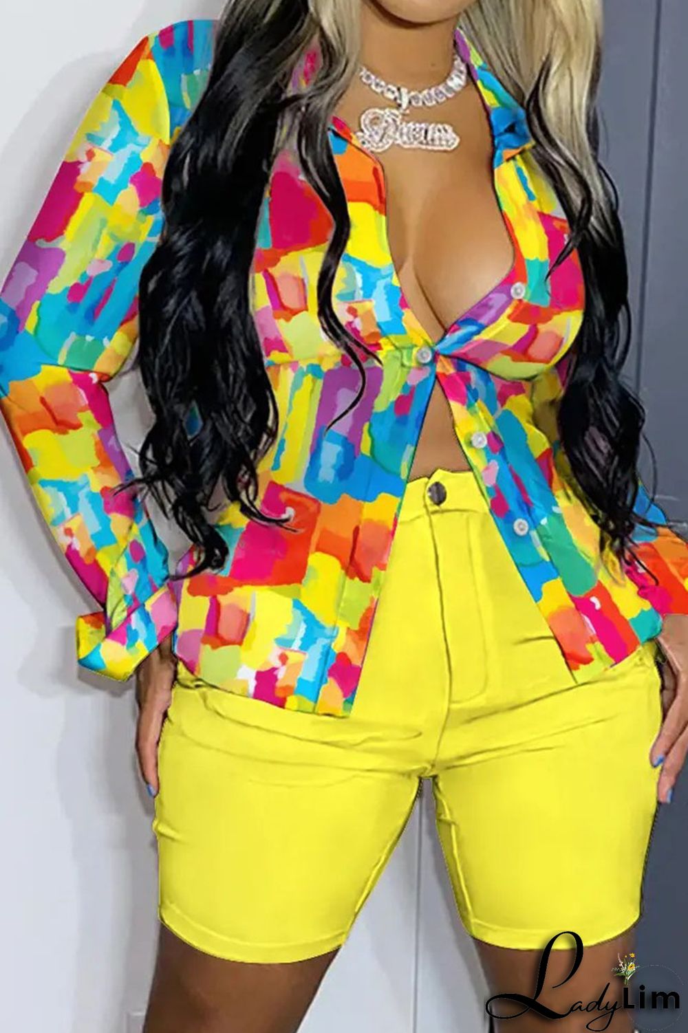 Light Blue Casual Print Patchwork Buckle Turndown Collar Long Sleeve Two Pieces