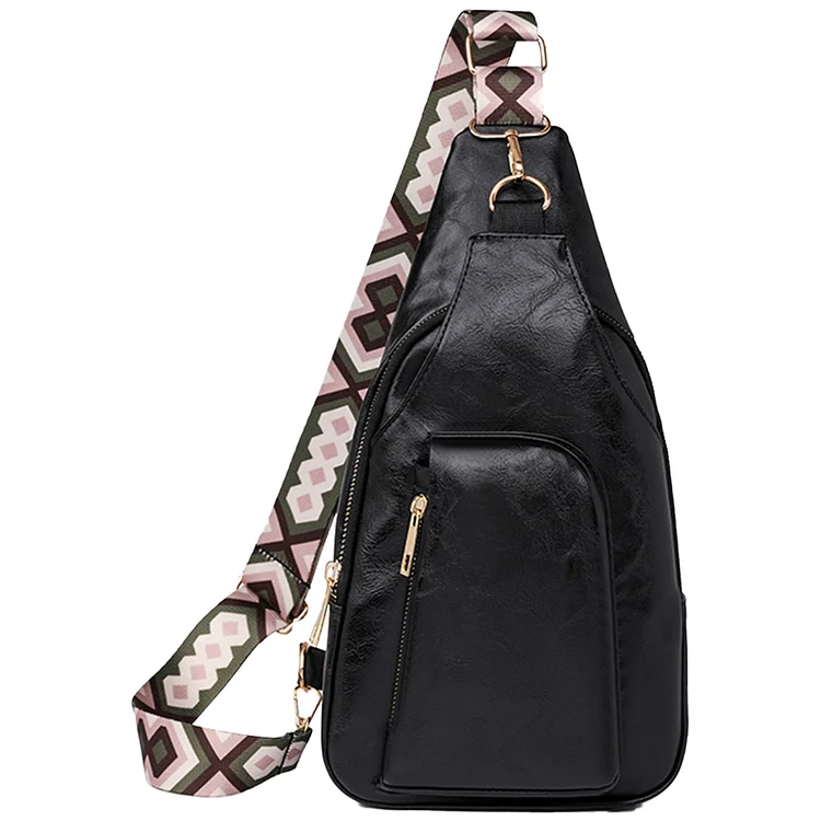Retro Casual Daypack Adjustable Guitar Strap Chest Bag for Travel (Black)