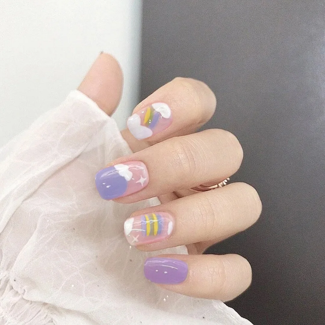 24pcs Yellow Wear Short Paragraph Fashion Manicure Patch False Nails Wearable Nail Patch Glue Type Detachable Coffin Fake Nails-Nail Inspo