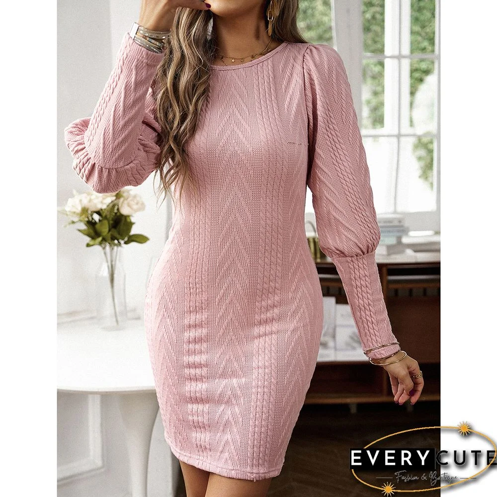 Pink Round Neck Knit Long Sleeve Bodycon Dress