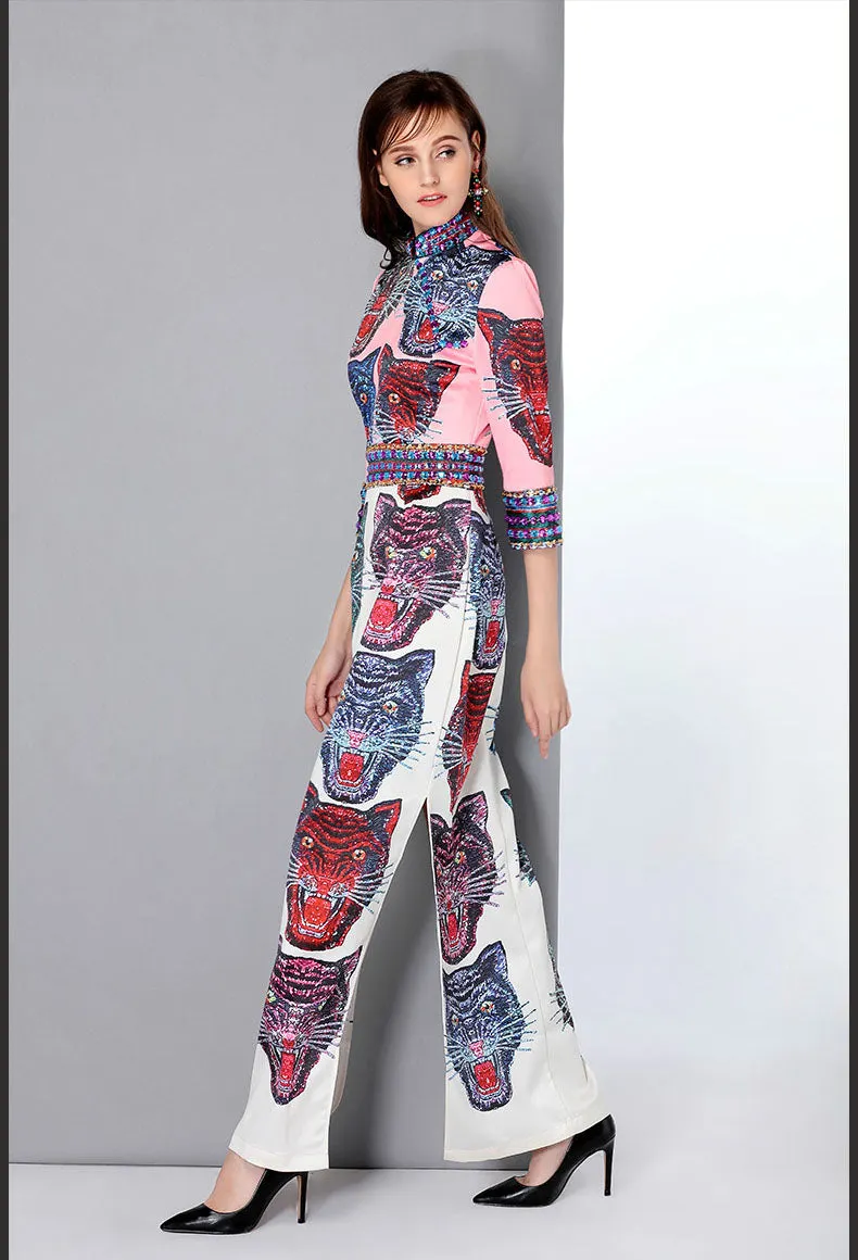 New Arrival Womens Stand Collar Sleeves Beaded Cartoons Printed Side Split Designer