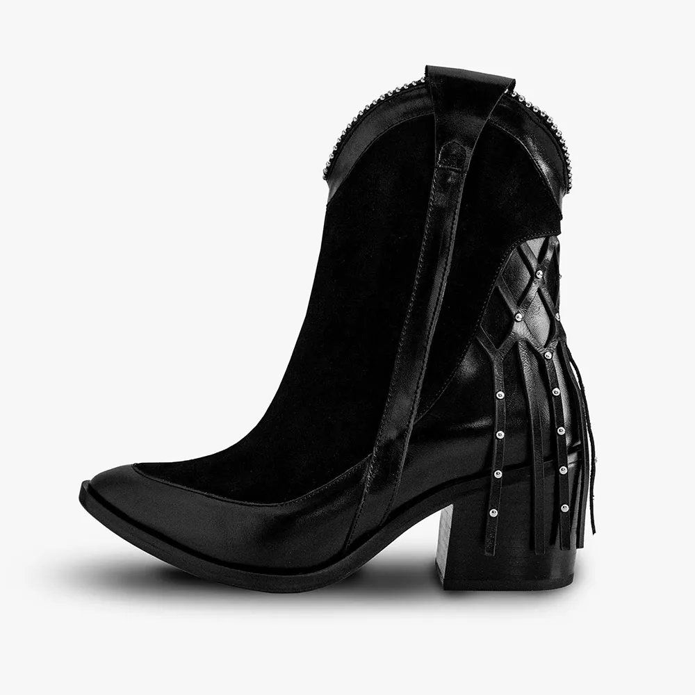 Black Studded Fringe Block Heel Zipper Ankle Western Boots for Women