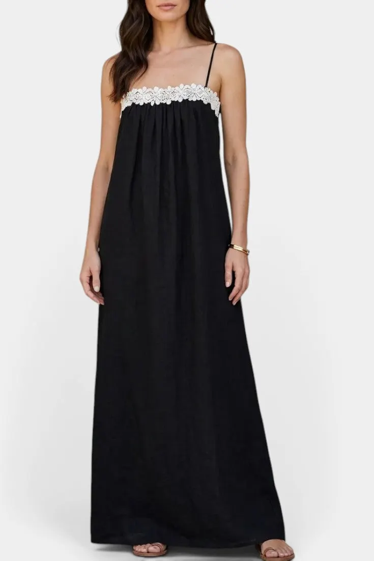 Linen Maxi Dress with Floral Lace Trim