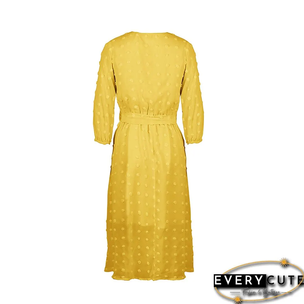 Yellow 1/2 Sleeve Button Down V Neck Casual Dress