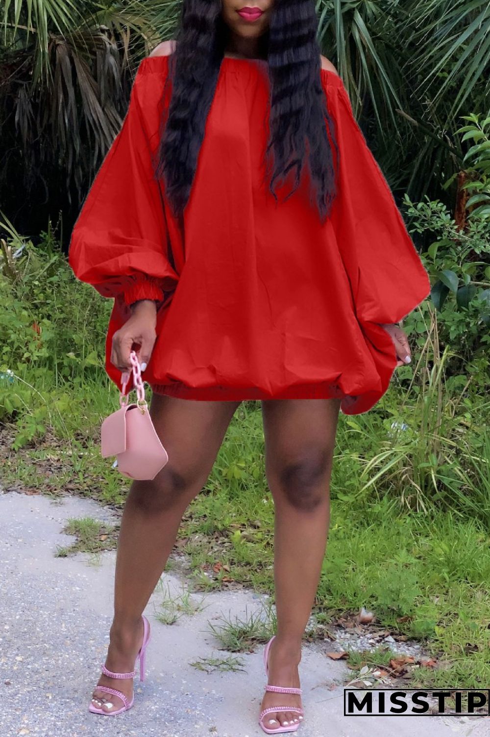 Pink Sexy Casual Solid Backless Off the Shoulder Long Sleeve Dresses