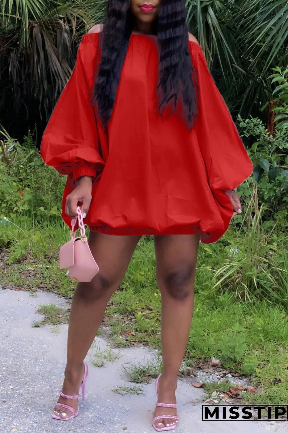 Pink Sexy Casual Solid Backless Off the Shoulder Long Sleeve Dresses