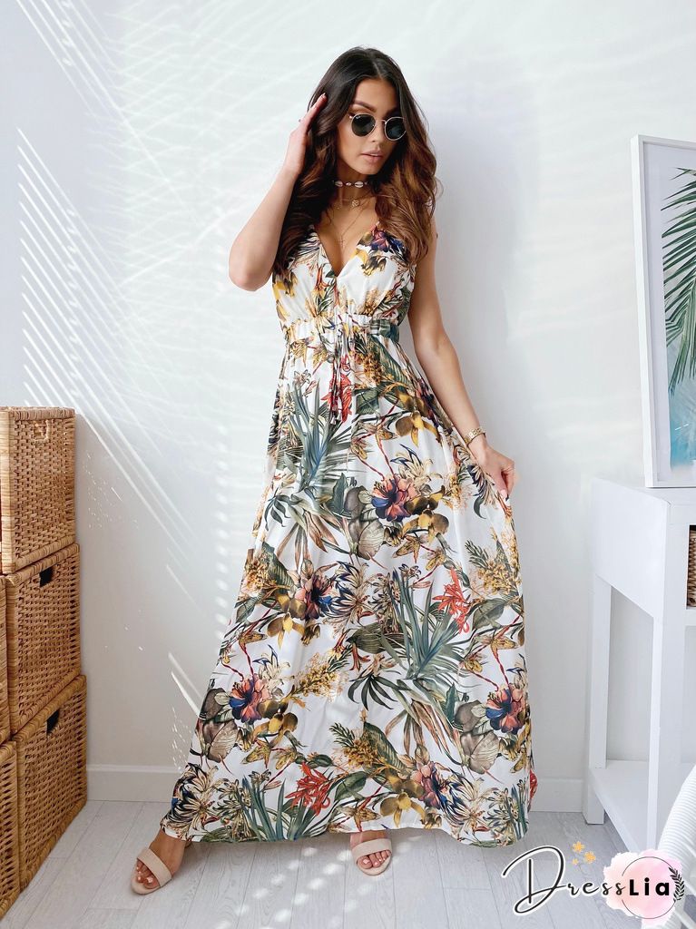 Plant Printed Backless Sexy Dress