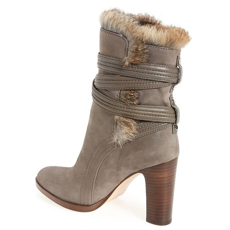 Taupe Boots Round Toe Chunky Heel Strappy Winter Fur Boots |FSJ Shoes