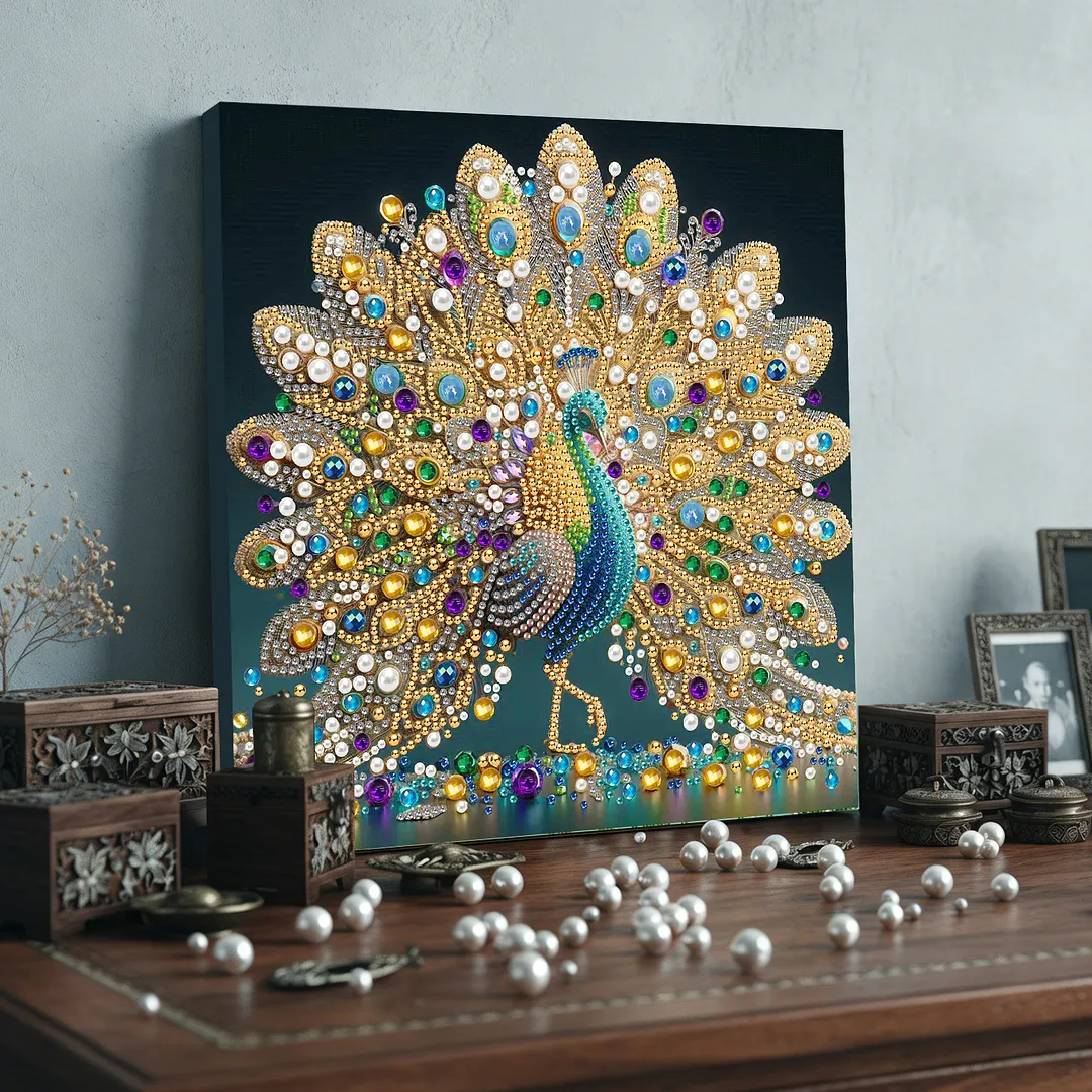 Peacock DIY Art Craft Pearl Diamond Painting with Frame 9.84x9.84in Diamond Art Pearl Painting Kit for Adults Beginners Gift Idea Home Wall Decor