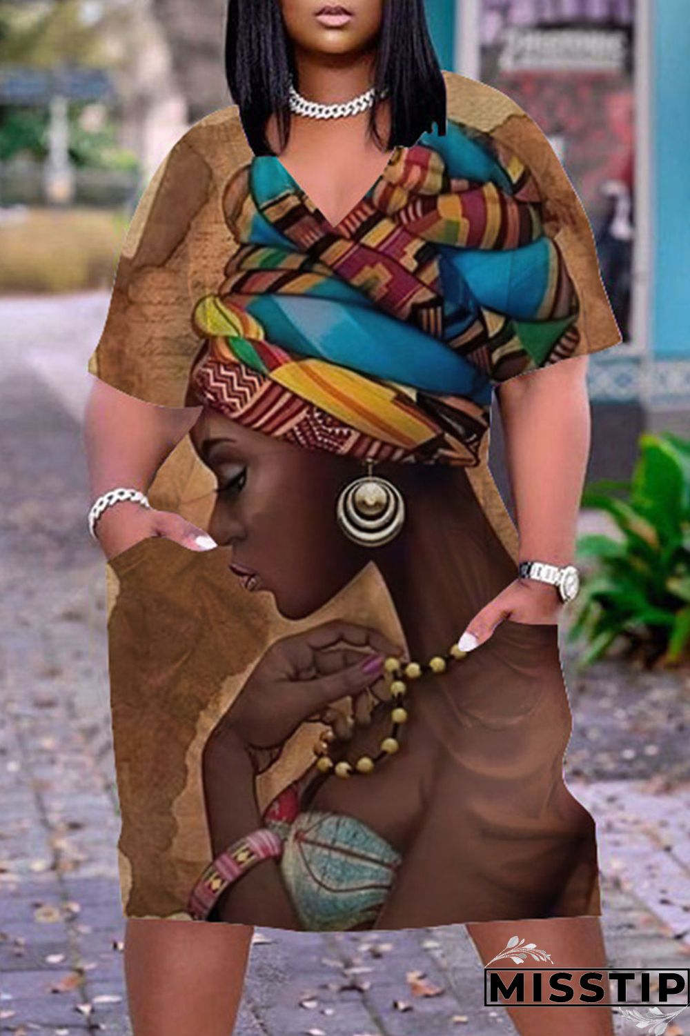 White Plus Size Fashion Print Pocket V Neck Straight Dresses