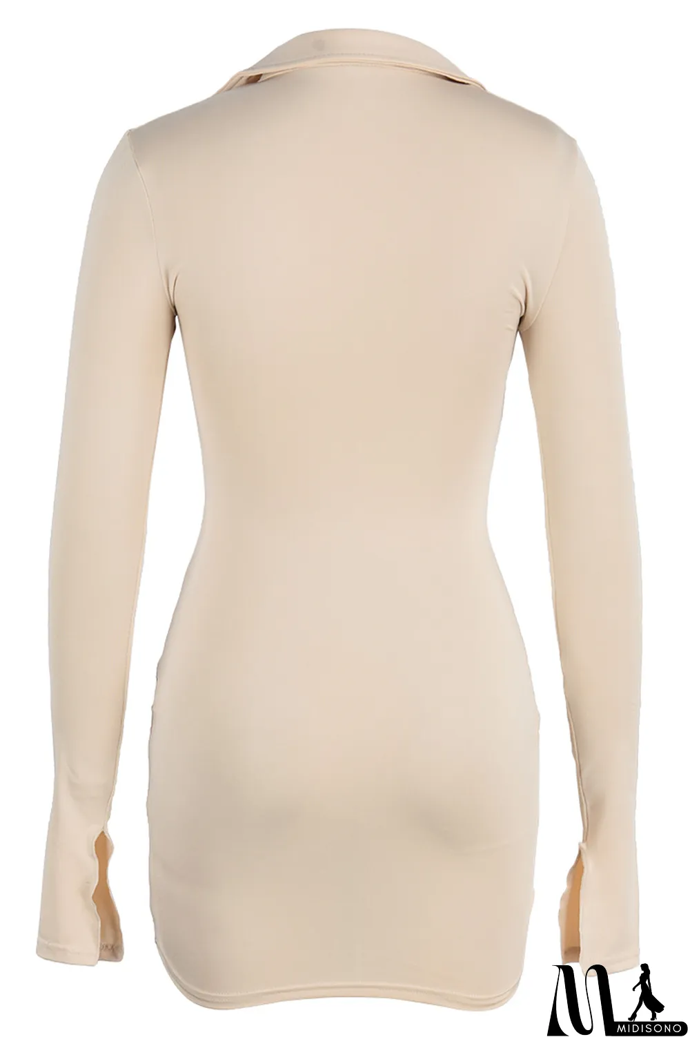 MidiSono - Apricot Fashion Sexy Solid Slit Turndown Collar Long Sleeve Dresses