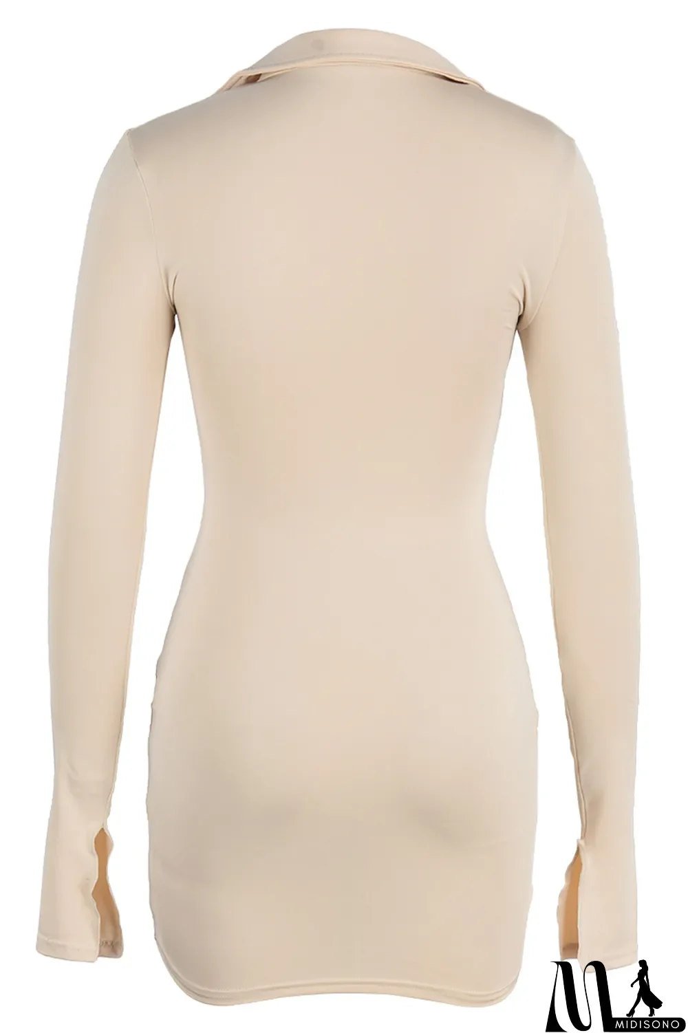 MidiSono - Apricot Fashion Sexy Solid Slit Turndown Collar Long Sleeve Dresses