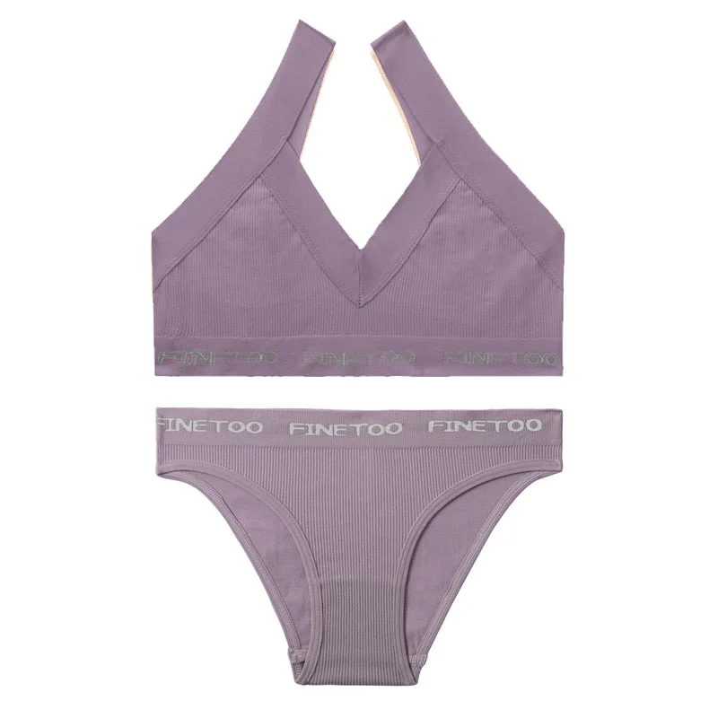 FINETOO Seamless Bra Set Women Deep V Tops Fashion Letter Panties M-XL Ladies Underwear Suit Tube Top Female Briefs Lingerie Set