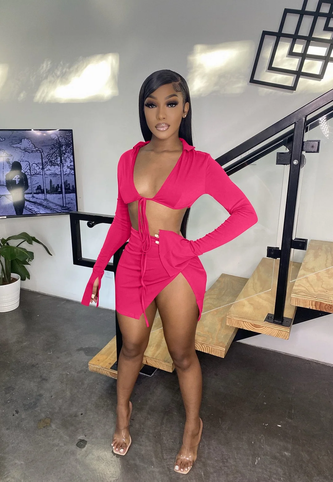 CM.YAYA Women Side Split Mini Midi Skirts Suit and Lace Up Mini Shirt Tops Beach Holiday Sexy Matching Two 2 Piece Set Outfits