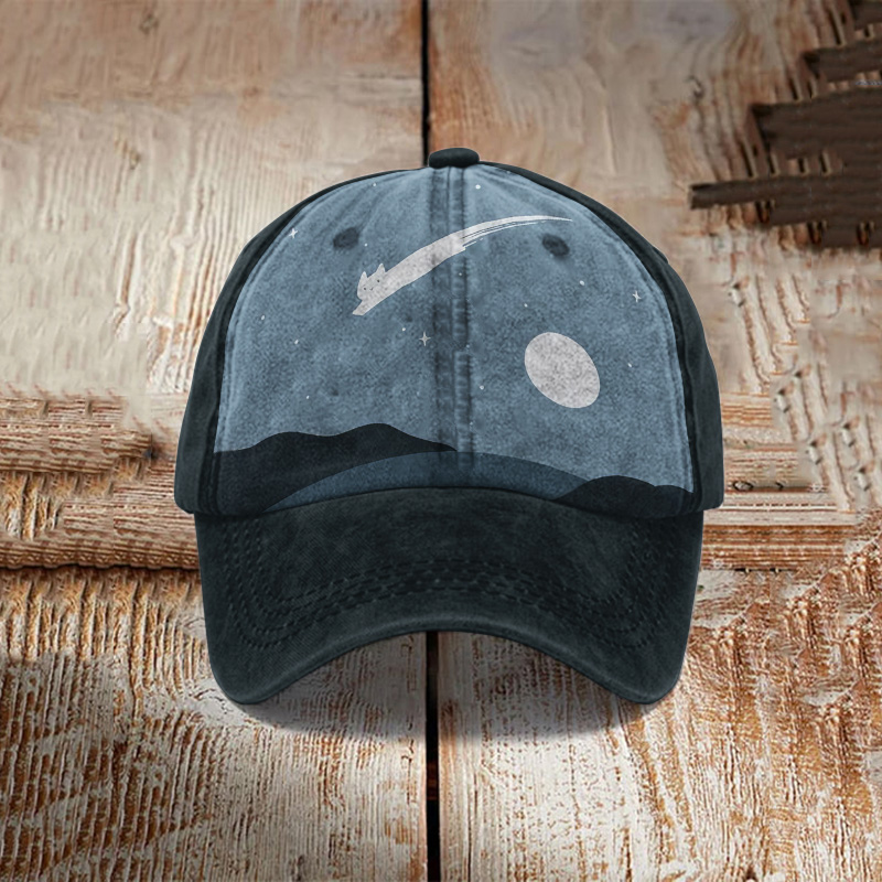Comstylish Abstract Creative Cute Cat Leaping Under The Starry Sky Painting Art Retro Casual Cap