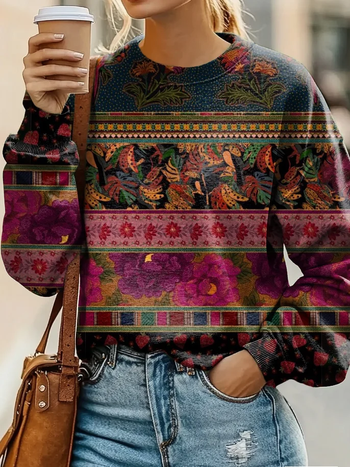 Floral Patchwork Art Print Casual Sweatshirt