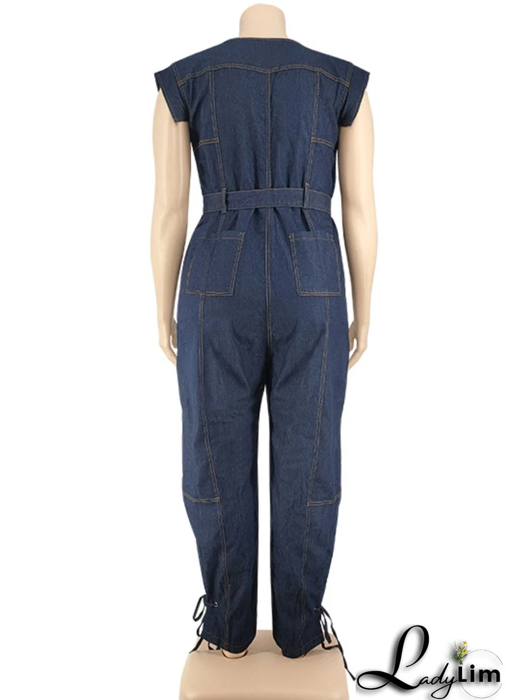 Summer Plus Size Sleeveless Denim Jumpsuit with Belt