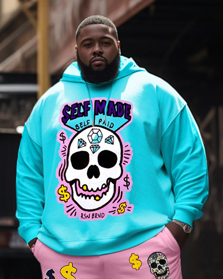 Men's Plus Size Casual Hip Hop Blue Pink Skull Hoodie Two-Piece Set