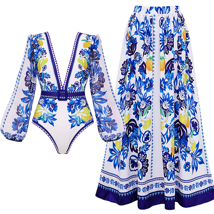 Long-sleeves Lemon and Creative Pattern Print One Piece Swimsuit and Skirt