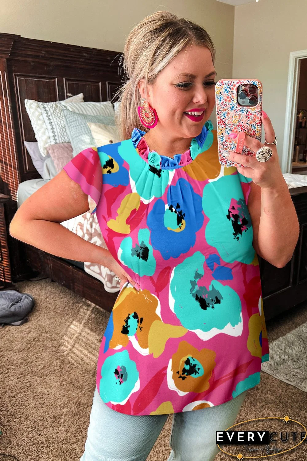 Multicolor Plus Size Watercolor Floral Print Frill Neck Blouse