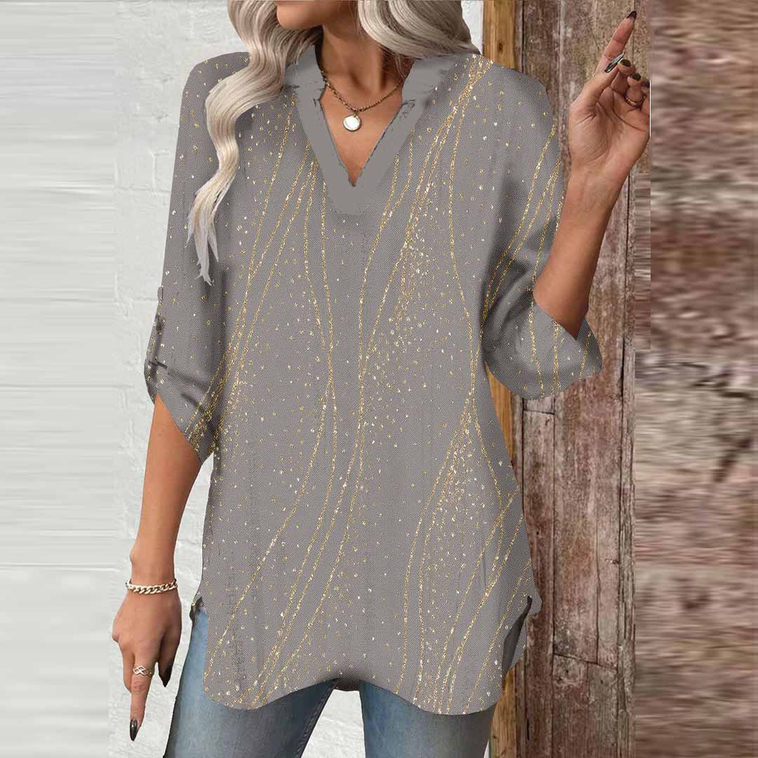 Women Abstract, Gold, Gray DZGA0653 3/4 Sleeve V-neck Printed Graphic Button Tops