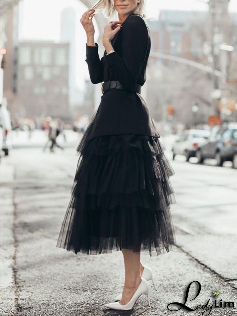 Elegant Solid Color Elastic Waist Puffy Tiered Skirt