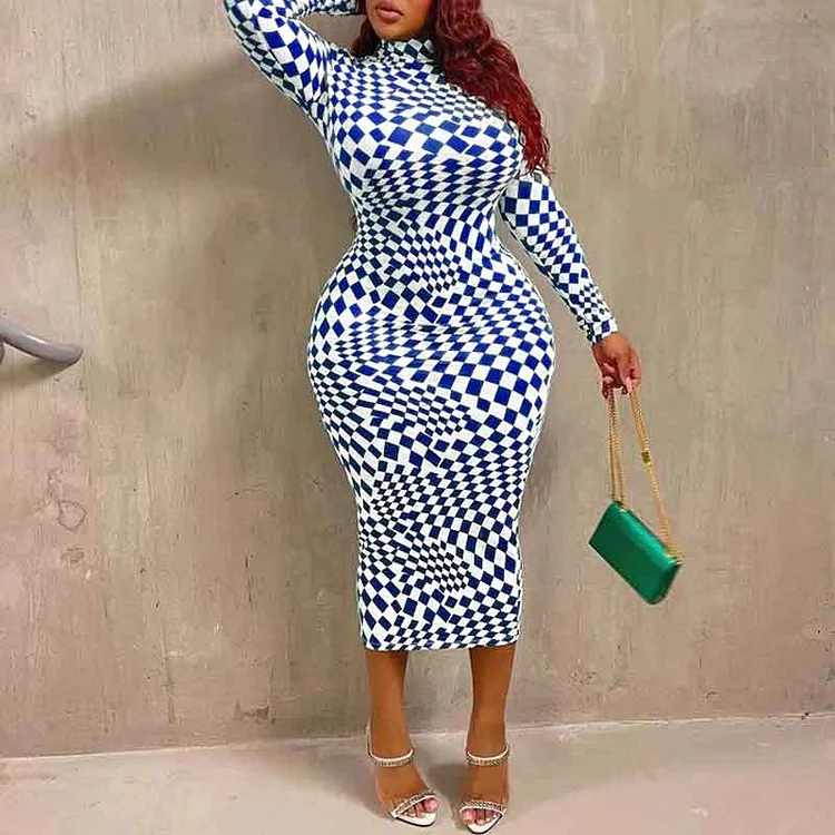 Print Long Sleeve Plus Size Midi Dress - IRBOOM Fashion Clothing