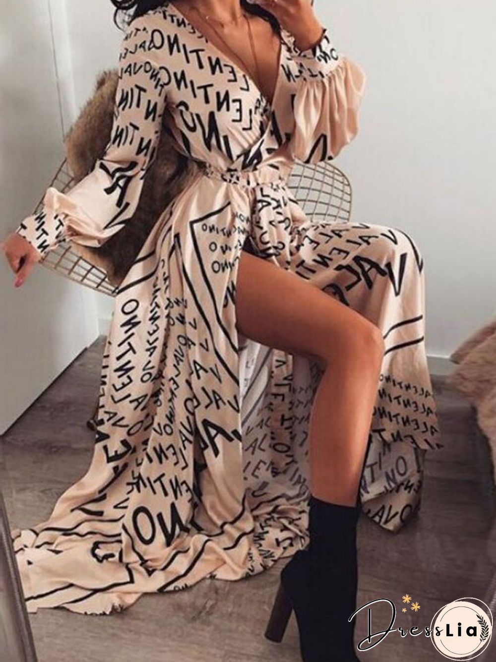 Letter Print Waist Slit Sexy Big Swing Dress