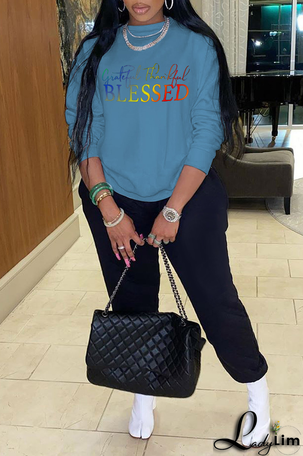 Black Fashion Street Print Letter O Neck Tops