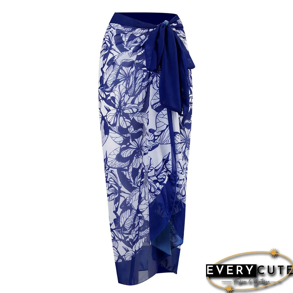 Blue Retro Print Chiffon Beach Wrap Skirt