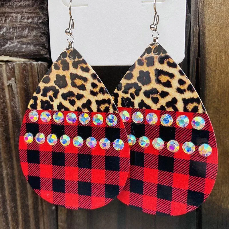 Leopard and Plaid Splicing PU Leather Earrings