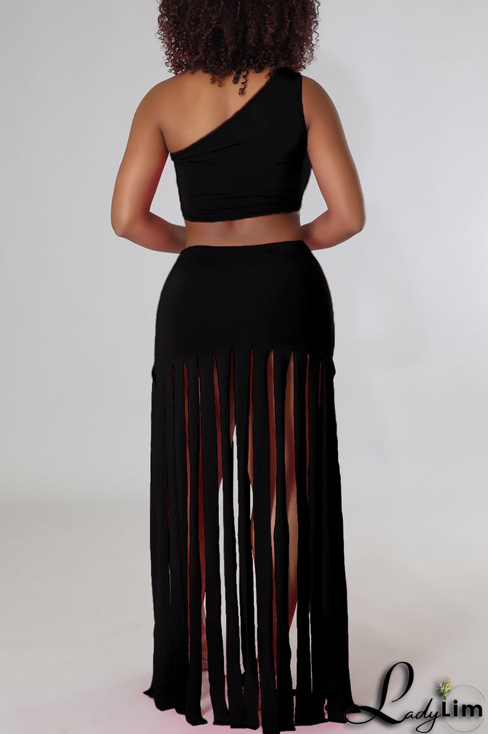 Black Sexy Solid Tassel Patchwork Oblique Collar Two Pieces