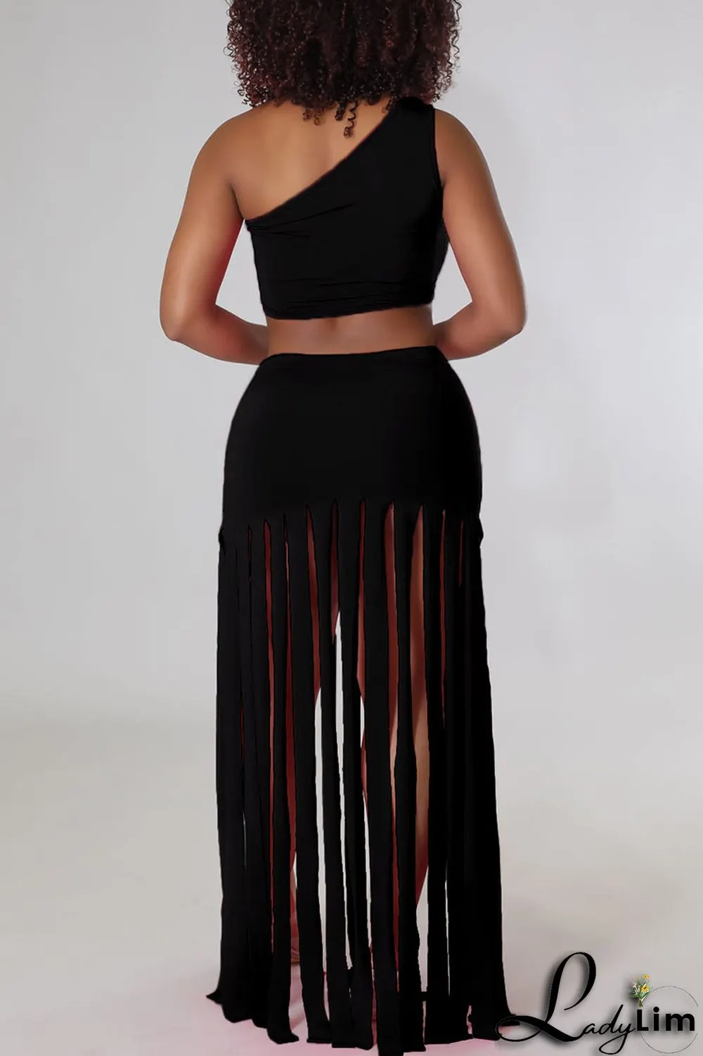 Black Sexy Solid Tassel Patchwork Oblique Collar Two Pieces