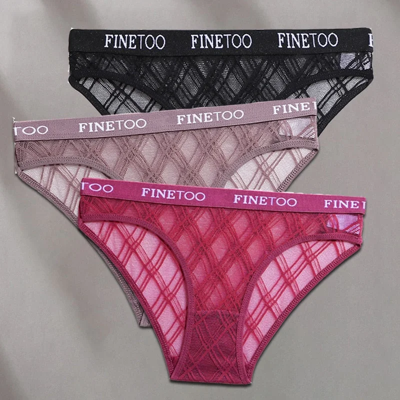 FINETOO 3PCS/Set Mesh Women Sexy Panties Lingerie M-XXL Breathable Underwear Pantys Low Waist Girl Briefs Letter Woman Underpant