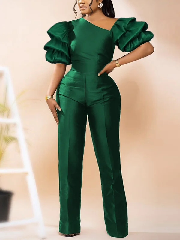 Solid Color High Waisted Plus Size Asymmetric Collar Jumpsuits
