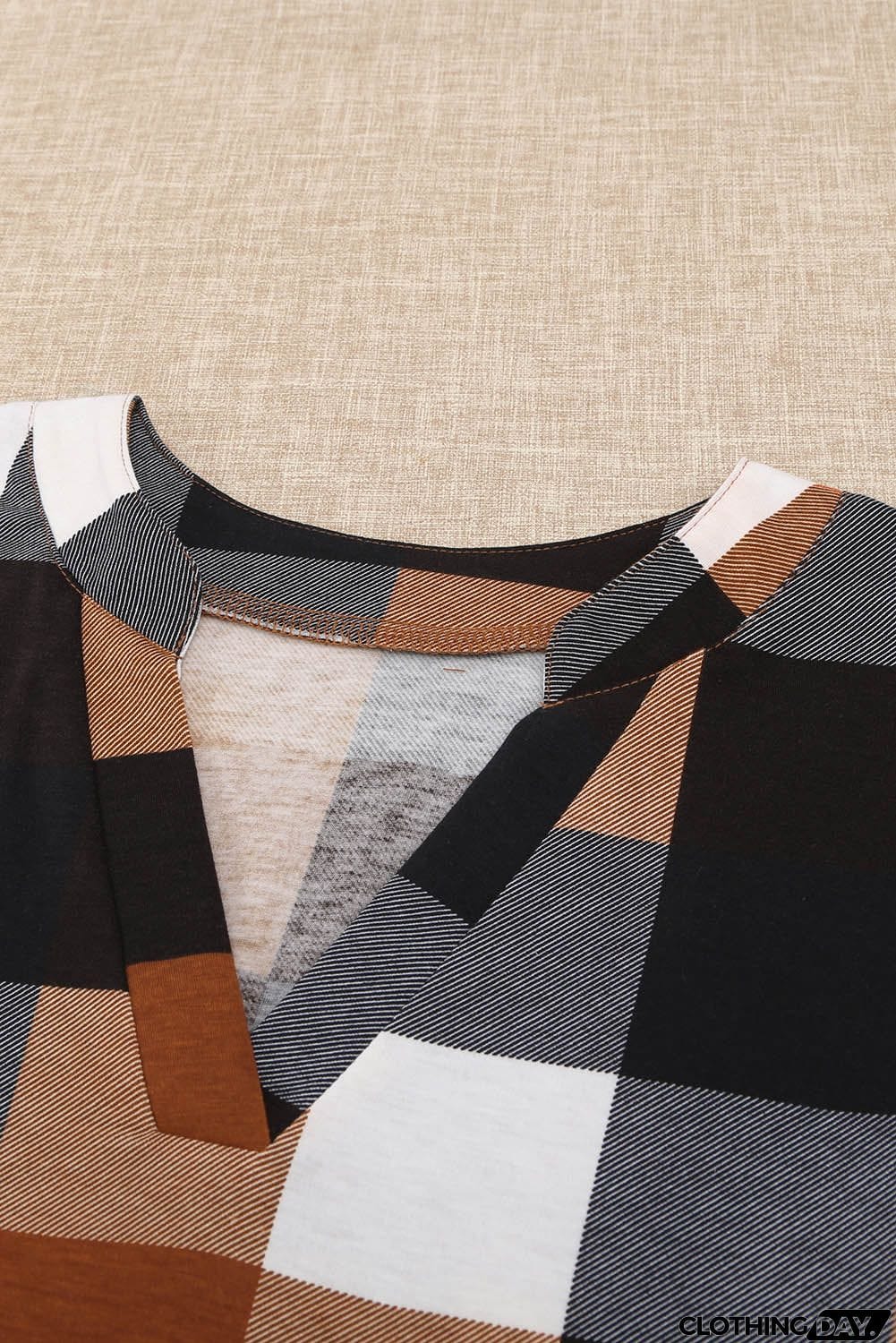 Contrast Plaid V Neck Long Sleeve Top