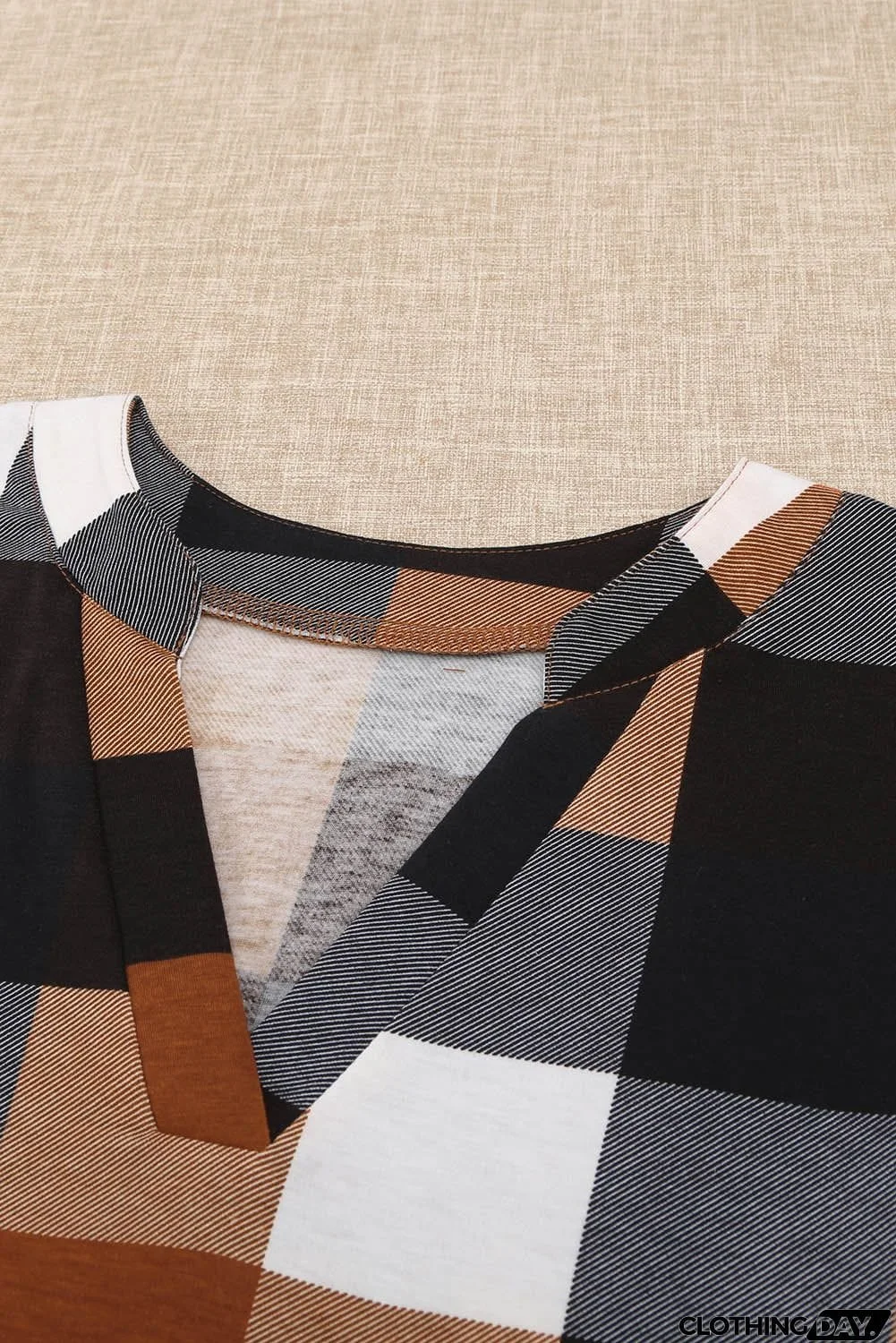 Contrast Plaid V Neck Long Sleeve Top